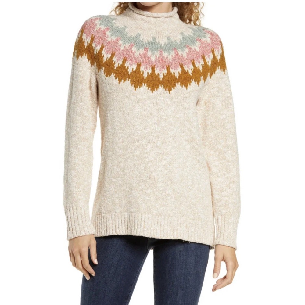 LL Bean Womens Fair Isle Cotton Mock Neck Sweater Oatmeal Pink 510902 Small